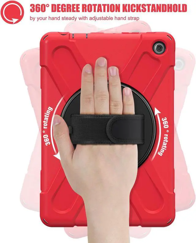 Alt view image 4 of 7 - Amazon Kindle Fire HD 10 13th Generation 2023 Release 10.1 inch Case, Shockproof Cover with Pencil Holder & Kickstand Hand & Hand/Shoulder Strap/Stylus Pen Red