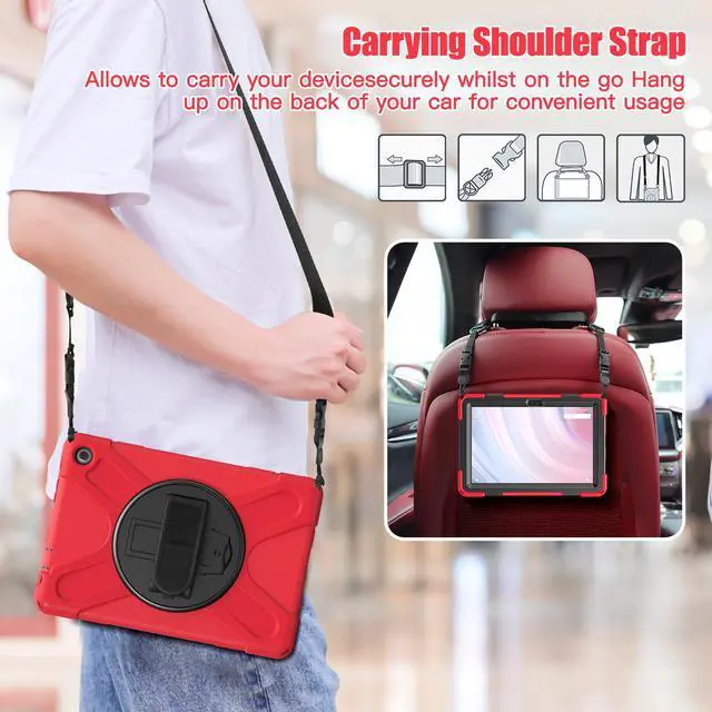 Alt view image 6 of 7 - Amazon Kindle Fire HD 10 13th Generation 2023 Release 10.1 inch Case, Shockproof Cover with Pencil Holder & Kickstand Hand & Hand/Shoulder Strap/Stylus Pen Red