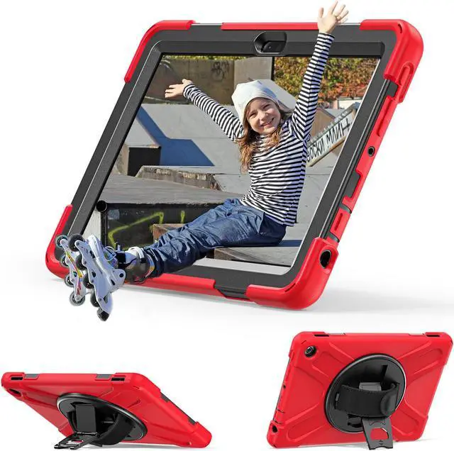Alt view image 5 of 7 - Amazon Kindle Fire HD 10 13th Generation 2023 Release 10.1 inch Case, Shockproof Cover with Pencil Holder & Kickstand Hand & Hand/Shoulder Strap/Stylus Pen Red