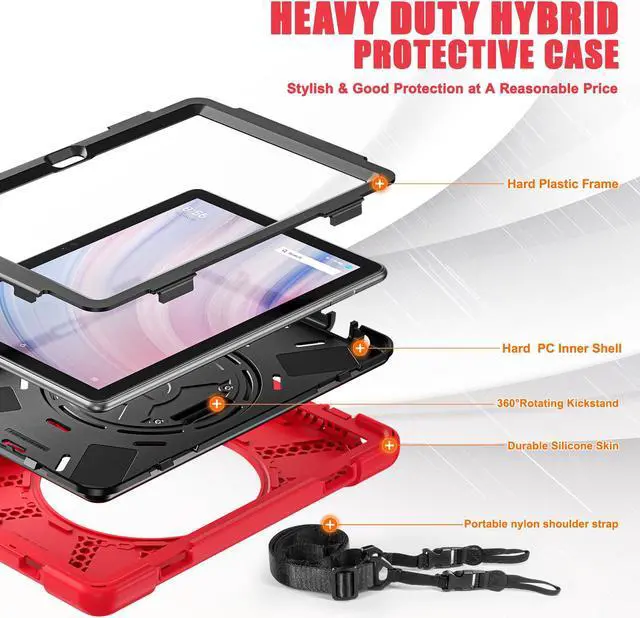 Alt view image 7 of 7 - Amazon Kindle Fire HD 10 13th Generation 2023 Release 10.1 inch Case, Shockproof Cover with Pencil Holder & Kickstand Hand & Hand/Shoulder Strap/Stylus Pen Red