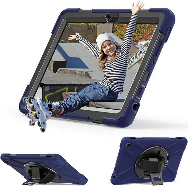 Alt view image 5 of 7 - Amazon Kindle Fire HD 10 13th Generation 2023 Release 10.1 inch Case, Shockproof Cover with Pencil Holder & Kickstand Hand & Hand/Shoulder Strap/Stylus Pen Navy Blue
