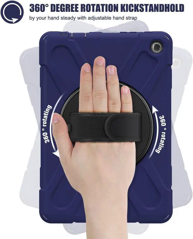 Alt view image 3 of 7 - Amazon Kindle Fire HD 10 13th Generation 2023 Release 10.1 inch Case, Shockproof Cover with Pencil Holder & Kickstand Hand & Hand/Shoulder Strap/Stylus Pen Navy Blue