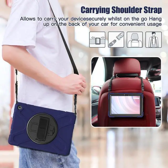 Alt view image 6 of 7 - Amazon Kindle Fire HD 10 13th Generation 2023 Release 10.1 inch Case, Shockproof Cover with Pencil Holder & Kickstand Hand & Hand/Shoulder Strap/Stylus Pen Navy Blue