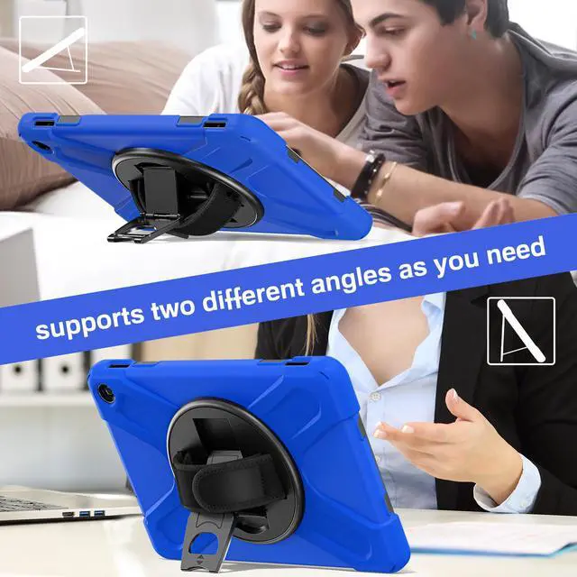 Alt view image 6 of 7 - Amazon Kindle Fire HD 10 13th Generation 2023 Release 10.1 inch Case, Shockproof Cover with Pencil Holder & Kickstand Hand & Hand/Shoulder Strap/Stylus Pen Blue