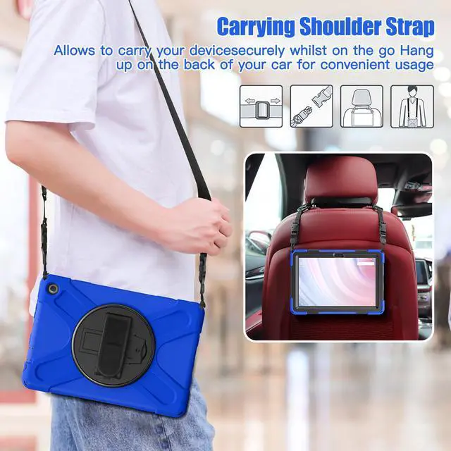 Alt view image 4 of 7 - Amazon Kindle Fire HD 10 13th Generation 2023 Release 10.1 inch Case, Shockproof Cover with Pencil Holder & Kickstand Hand & Hand/Shoulder Strap/Stylus Pen Blue