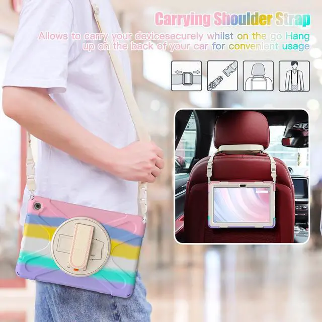 Alt view image 6 of 7 - Amazon Kindle Fire HD 10 13th Generation 2023 Release 10.1 inch Case, Shockproof Cover with Pencil Holder & Kickstand Hand & Hand/Shoulder Strap/Stylus Pen Pink