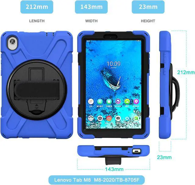 Alt view image 4 of 7 - BONAEVER For Lenovo Tab M8 HD 8.0 Inch 2020 Mdoel TB-8705F / TB-8705N Shockproof Protective Cover with Hand & Shoulder Strap Stand and Pencil Holder Blue