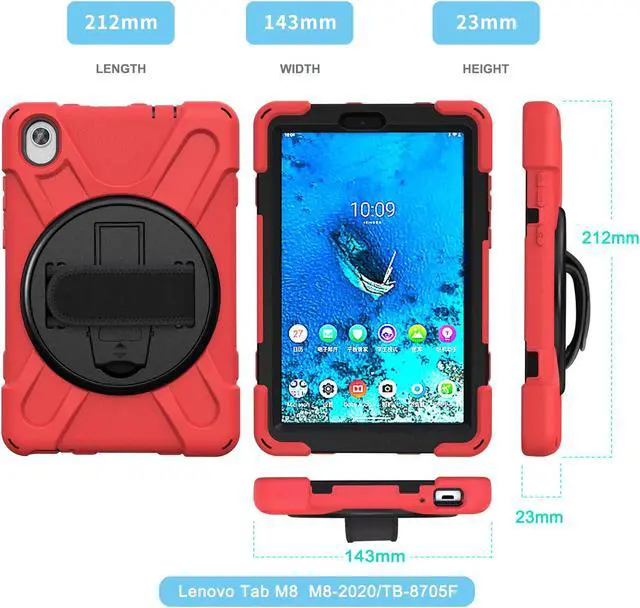 Alt view image 4 of 7 - BONAEVER For Lenovo Tab M8 HD 8.0 Inch 2020 Mdoel TB-8705F / TB-8705N Shockproof Protective Cover with Hand & Shoulder Strap Stand and Pencil Holder Red