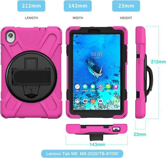 Alt view image 4 of 7 - BONAEVER For Lenovo Tab M8 HD 8.0 Inch 2020 Mdoel TB-8705F / TB-8705N Shockproof Protective Cover with Hand & Shoulder Strap Stand and Pencil Holder Rose Red
