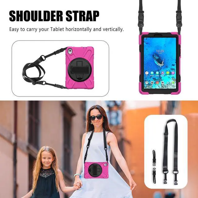 Alt view image 3 of 7 - BONAEVER For Lenovo Tab M8 HD 8.0 Inch 2020 Mdoel TB-8705F / TB-8705N Shockproof Protective Cover with Hand & Shoulder Strap Stand and Pencil Holder Rose Red