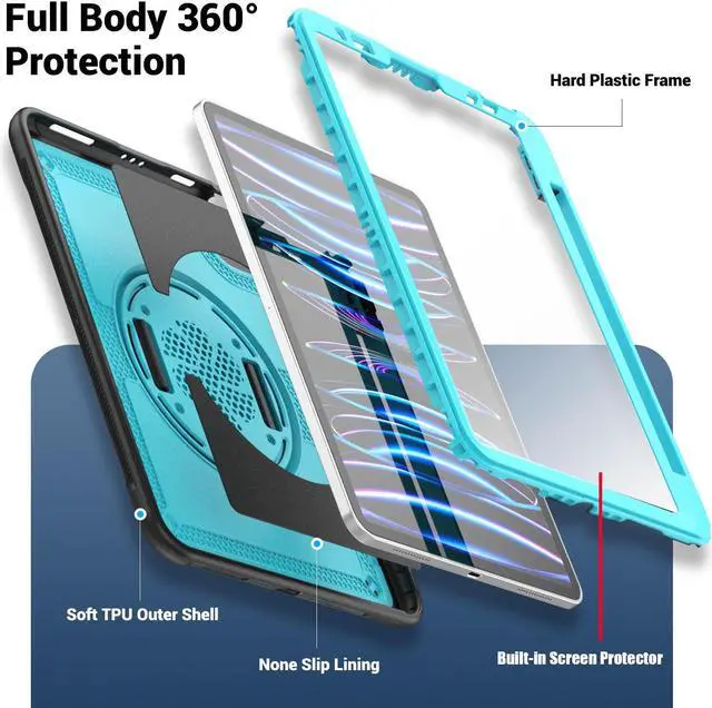 Alt view image 2 of 7 - BONAEVER Case for iPad Pro 11 Inch 2022 2021 2020 2018 iPad Air 5th 4th Gen 10.9 with Foldable Stand, Pencil Holder, Screen Protector, Heavy Duty Shockproof Rugged Protective Cover Light Blue