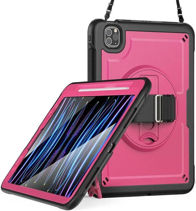 Main image of BONAEVER Case for iPad Pro 11 Inch 2022 2021 2020 2018 iPad Air 5th 4th Gen 10.9 with Foldable Stand, Pencil Holder, Screen Protector, Heavy Duty Shockproof Rugged Protective Cover Rose Red
