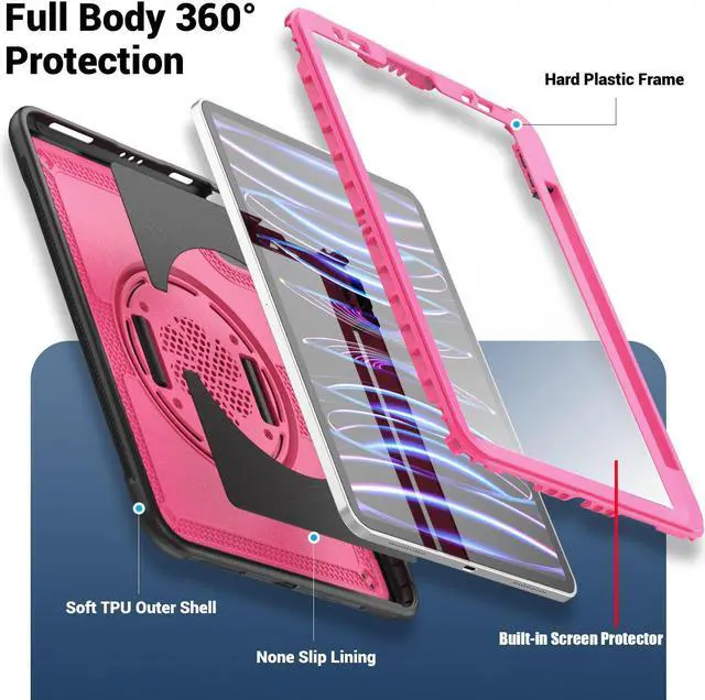 Alt view image 2 of 7 - BONAEVER Case for iPad Pro 11 Inch 2022 2021 2020 2018 iPad Air 5th 4th Gen 10.9 with Foldable Stand, Pencil Holder, Screen Protector, Heavy Duty Shockproof Rugged Protective Cover Rose Red