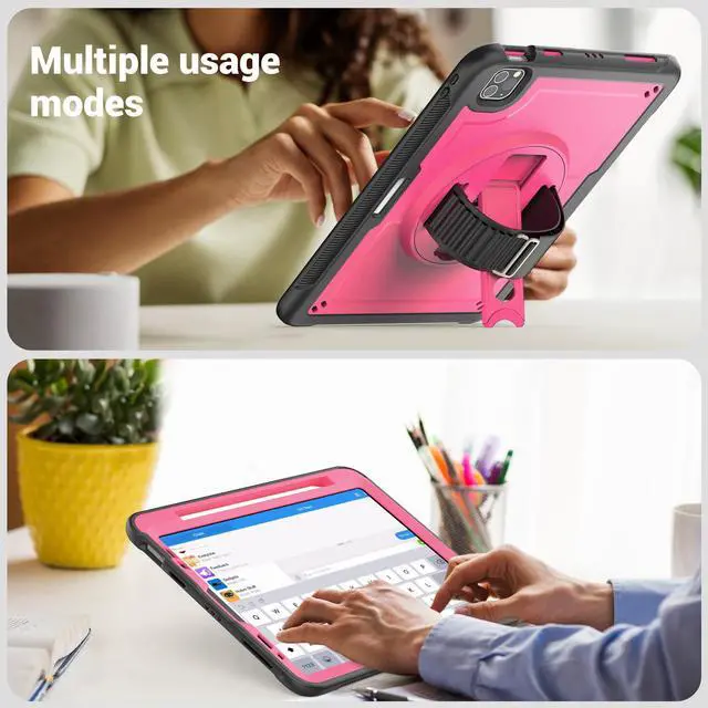 Alt view image 4 of 7 - BONAEVER Case for iPad Pro 11 Inch 2022 2021 2020 2018 iPad Air 5th 4th Gen 10.9 with Foldable Stand, Pencil Holder, Screen Protector, Heavy Duty Shockproof Rugged Protective Cover Rose Red