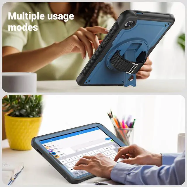 Alt view image 4 of 7 - BONAEVER Case for Samsung Galaxy Tab A9 8.7 Inch 2023 Model SM-X110/X115/X117 Shockproof Protective Cover with Screen Protector Kickstand Hand/Shoulder Strap Pen Holder Navy Blue
