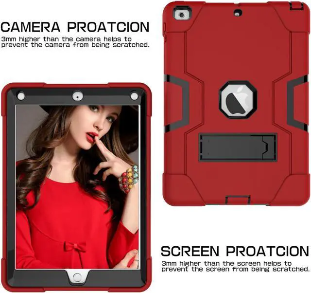 Alt view image 5 of 7 - Bonaever Case for iPad 6th/5th Generation 9.7 inch 2018 2017 with Kickstand, Hybrid Shockproof Protective Cover with Stylus Pen Red