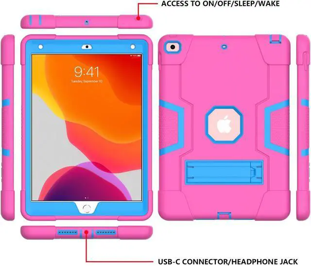 Alt view image 3 of 7 - Bonaever Case for iPad 10.2 Inch 2021 2020 2019 9th/8th/7th Generation with Kickstand, Heavy Duty Shockproof Protective Cover with Stylus Pen Rose Red