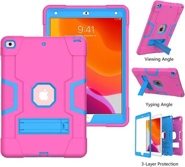 Alt view image 4 of 7 - Bonaever Case for iPad 10.2 Inch 2021 2020 2019 9th/8th/7th Generation with Kickstand, Heavy Duty Shockproof Protective Cover with Stylus Pen Rose Red