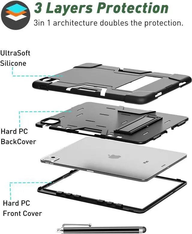 Alt view image 7 of 7 - Bonaever Case for iPad Pro 12.9 inch 2022 2021 2020 2018 with Kickstand, Heavy Duty Shockproof Protective Cover with , Pencil Holder, Stylus Pen