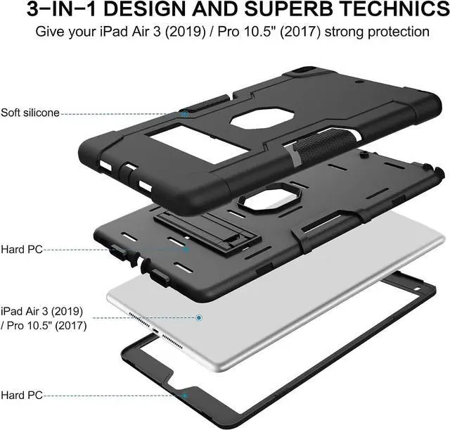 Alt view image 3 of 7 - Bonaever Case for iPad Air 3 2019 Case, iPad Pro 10.5 inch 2017 with Kickstand, Heavy Duty Shockproof Protective Cover with Stylus Pen