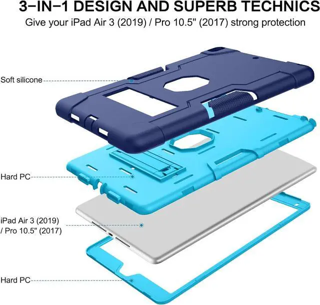 Alt view image 7 of 7 - Bonaever Case for iPad Air 3 2019 Case, iPad Pro 10.5 inch 2017 with Kickstand, Heavy Duty Shockproof Protective Cover with Stylus Pen Blue