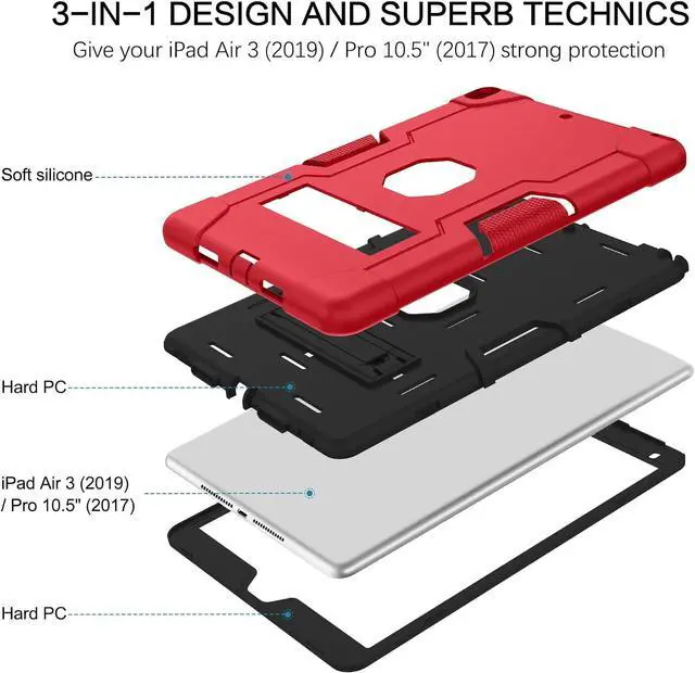 Alt view image 7 of 7 - Bonaever Case for iPad Air 3 2019 Case, iPad Pro 10.5 inch 2017 with Kickstand, Heavy Duty Shockproof Protective Cover with Stylus Pen Red
