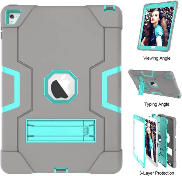 Alt view image 4 of 7 - Bonaever Case for iPad Air 2 2014, iPad Pro 9.7 inch 2016 with Kickstand, Heavy Duty Shockproof Protective Cover with Stylus Pen Gray