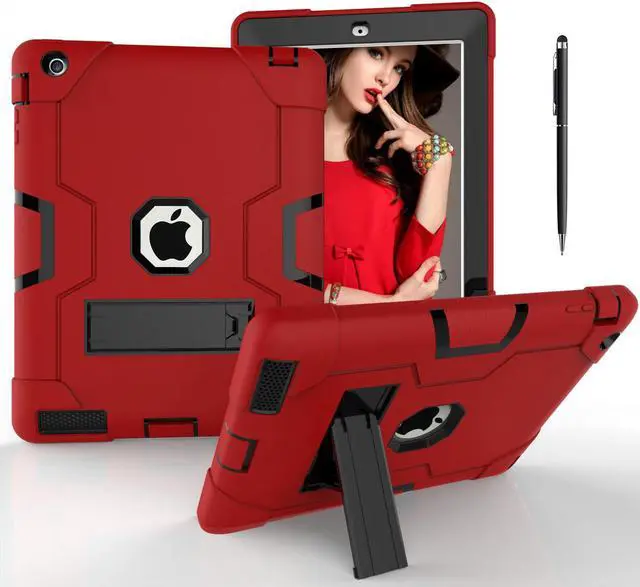 Main image of Bonaever Case for iPad 2, iPad 3, iPad 4 with Kickstand, Heavy Duty Shockproof Protective Cover with Stylus Pen Red
