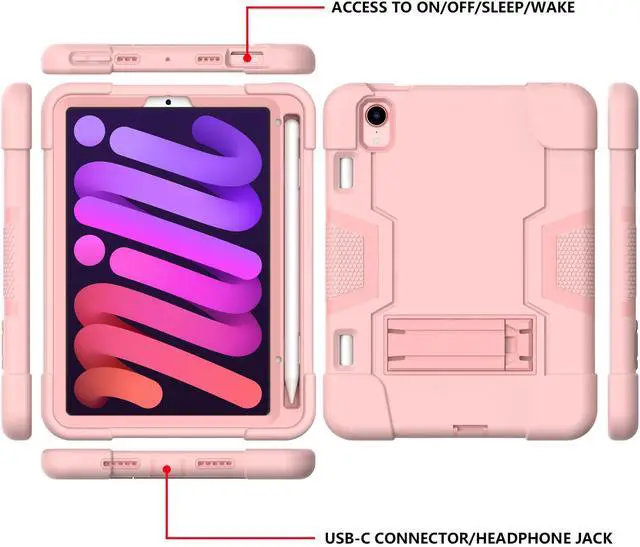 Alt view image 3 of 7 - Bonaever Case for iPad Mini 6 2021 with Kickstand, Heavy Duty Shockproof Protective Cover for iPad Mini 6th Generation 8.3 inch with Pencil Holder, Stylus Pen Rose Gold