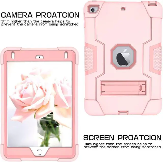 Alt view image 4 of 7 - Bonaever Case for iPad Mini 5 2019, iPad Mini 4 2015 with Kickstand, Heavy Duty Shockproof Protective Cover with Stylus Pen Rose Gold