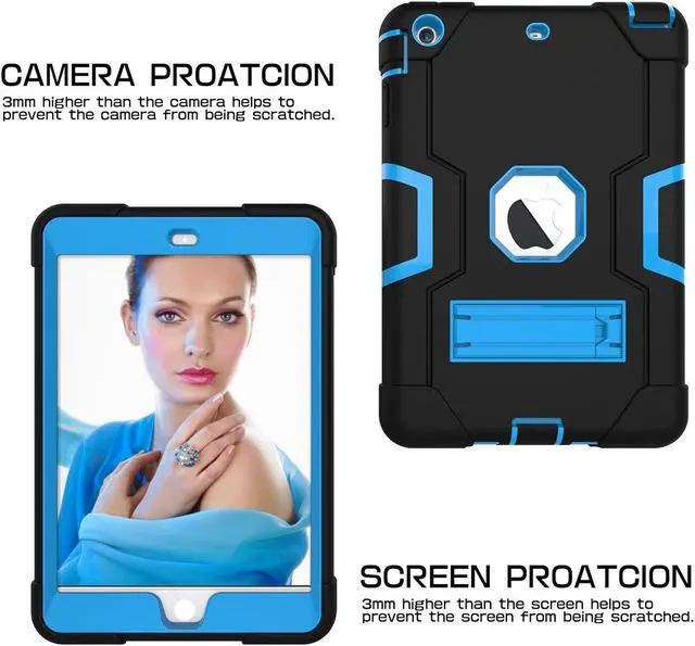 Alt view image 6 of 7 - Bonaever Case for iPad Mini, Mini 2, Mini 3 with Kickstand, Heavy Duty Shockproof Protective Cover with Stylus Pen Blue Blue