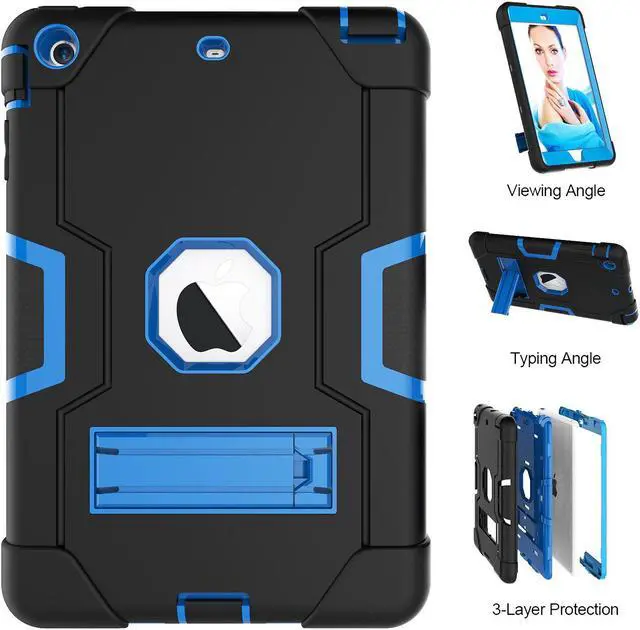 Alt view image 4 of 7 - Bonaever Case for iPad Mini, Mini 2, Mini 3 with Kickstand, Heavy Duty Shockproof Protective Cover with Stylus Pen Blue Blue
