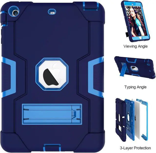 Alt view image 5 of 7 - Bonaever Case for iPad Mini, Mini 2, Mini 3 with Kickstand, Heavy Duty Shockproof Protective Cover with Stylus Pen Blue Navy Blue