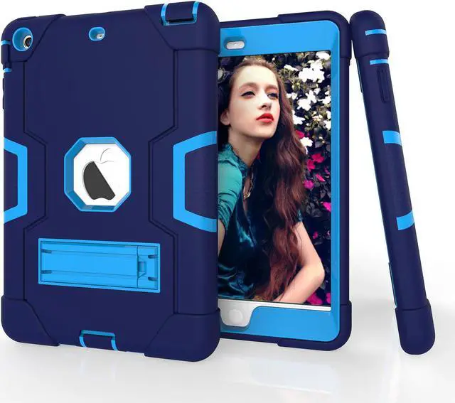 Alt view image 4 of 7 - Bonaever Case for iPad Mini, Mini 2, Mini 3 with Kickstand, Heavy Duty Shockproof Protective Cover with Stylus Pen Blue Navy Blue