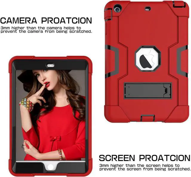 Alt view image 4 of 7 - Bonaever Case for iPad Mini, Mini 2, Mini 3 with Kickstand, Heavy Duty Shockproof Protective Cover with Stylus Pen Blue Red
