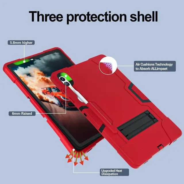 Alt view image 4 of 7 - BONAEVER Case for Samsung Galaxy Tab S9 Plus/S9 FE Plus 12.4 inch with Kickstand, Heavy Duty Shockproof Protective Cover with Pencil Holder, Stylus Pen Red