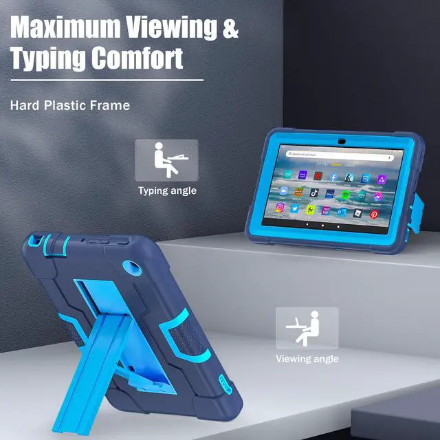 Alt view image 3 of 7 - BONAEVER Case for Amazon Fire 7 12th Gen 2022 Release with Kickstand, Heavy Duty Shockproof Protective Cover with Stylus Pen Navy Blue