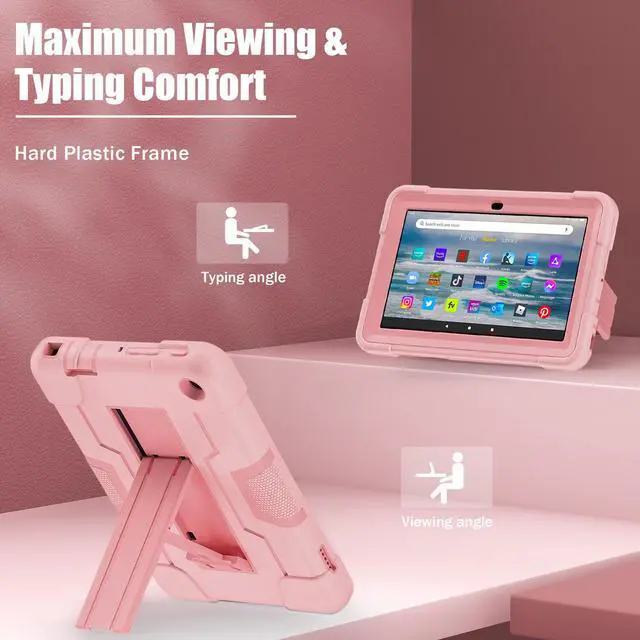 Alt view image 3 of 7 - BONAEVER Case for Amazon Fire 7 12th Gen 2022 Release with Kickstand, Heavy Duty Shockproof Protective Cover with Stylus Pen Rose Gold