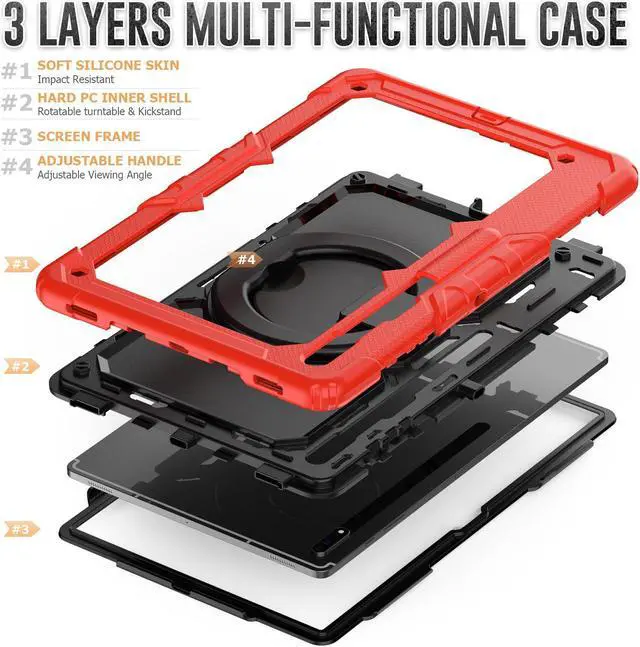 Alt view image 6 of 7 - BONAEVER Case for Samsung Galaxy Tab S10 Ultra 2024 / S9 Ultra 2023 / Galaxy S8 Ultra 14.6 inch Protective Cover with Screen Protector Stylus Pen Pen Holder Hand/Shoulder Strap Red