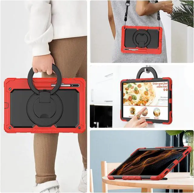 Alt view image 5 of 7 - BONAEVER Case for Samsung Galaxy Tab S10 Ultra 2024 / S9 Ultra 2023 / Galaxy S8 Ultra 14.6 inch Protective Cover with Screen Protector Stylus Pen Pen Holder Hand/Shoulder Strap Red