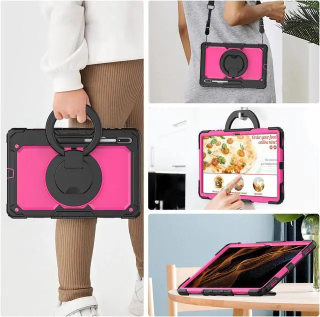 Alt view image 5 of 7 - BONAEVER Case for Samsung Galaxy Tab S10 Ultra 2024 / S9 Ultra 2023 / Galaxy S8 Ultra 14.6 inch Protective Cover with Screen Protector Stylus Pen Pen Holder Hand/Shoulder Strap Rose Red