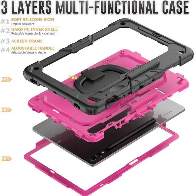 Alt view image 6 of 7 - BONAEVER Case for Samsung Galaxy Tab S10 Plus 2024 / S9 Plus / S9 FE Plus 12.4 inch Protective Cover with Screen Protector Pen Holder Hand/Shoulder Strap Stylus Pen Rose Red