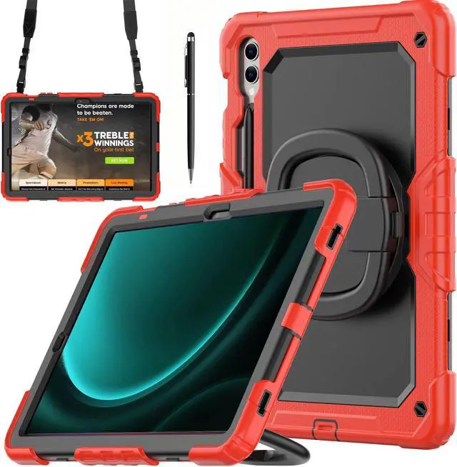 Main image of BONAEVER Case for Samsung Galaxy Tab S9 11 inch 2023 / S9 FE 10.9 Inch / S10 FE 10.9" 2025 Protective Cover with Screen Protector Pen Holder Hand/Shoulder Strap Stylus Pen Red
