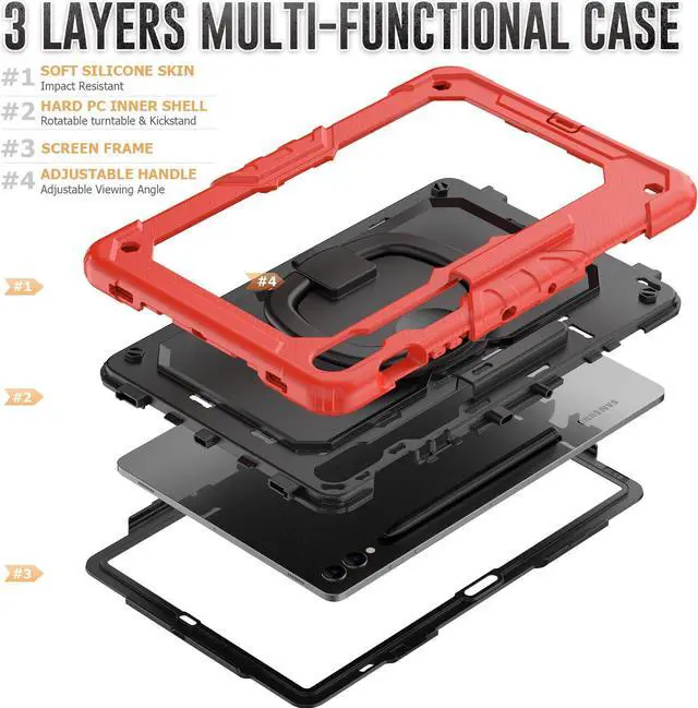Alt view image 7 of 7 - BONAEVER Case for Samsung Galaxy Tab S9 11 inch 2023 / S9 FE 10.9 Inch / S10 FE 10.9" 2025 Protective Cover with Screen Protector Pen Holder Hand/Shoulder Strap Stylus Pen Red