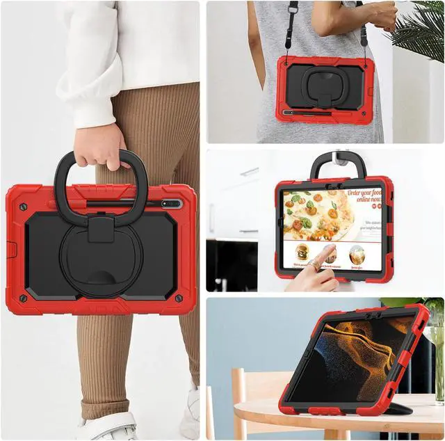Alt view image 5 of 7 - BONAEVER Case for Samsung Galaxy Tab S8 11 inch 2022 / S7 11 Inch 2020 Protective Cover with Screen Protector Pen Holder Hand/Shoulder Strap Stylus Pen Red