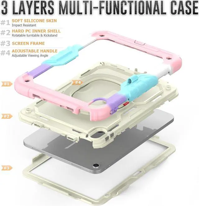 Alt view image 5 of 7 - BONAEVER Case for iPad (A16) 11th Generation 11 Inch 2025, iPad 10th Generation 10.9 inch 2022, Shockproof Protective Cover with Screen Protector, Rotating Stand, Hand/Shoulder Strap, Stylus Pen Pink