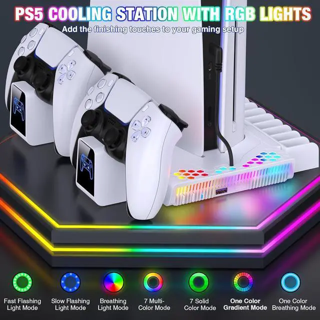 Alt view image 4 of 7 - BONAEVER For PS5 / PS5 Slim Stand Cooling Station with Controller Charger for Playstation 5/Slim Console, PS5 Accessories Vertical Stand with Cooling Fan, RGB Light, Headset Holder, 14 Game Slot