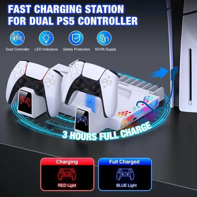 Alt view image 2 of 7 - BONAEVER For PS5 / PS5 Slim Stand Cooling Station with Controller Charger for Playstation 5/Slim Console, PS5 Accessories Vertical Stand with Cooling Fan, RGB Light, Headset Holder, 14 Game Slot