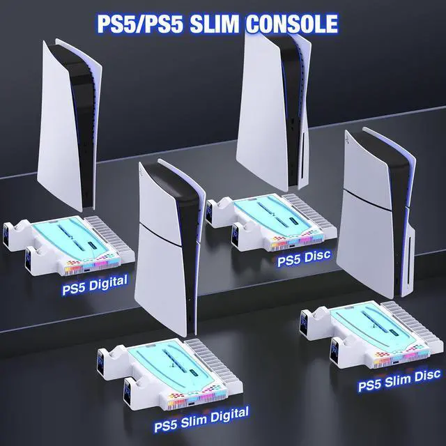 Alt view image 6 of 7 - BONAEVER For PS5 / PS5 Slim Stand Cooling Station with Controller Charger for Playstation 5/Slim Console, PS5 Accessories Vertical Stand with Cooling Fan, RGB Light, Headset Holder, 14 Game Slot