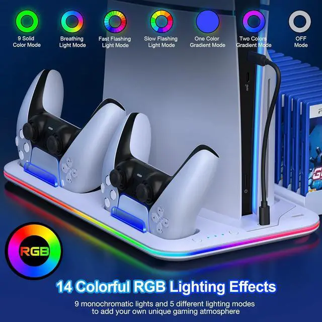 Alt view image 5 of 7 - BONAEVER For PS5 Slim Stand Cooling Station for Playsation 5 Slim Console Disc/Digital,PS5 Accessories Cooling Stand with 3-Level Cooling Fan, Dual PS5 Controller Charger, RGB Light, Headset Holder, 1
